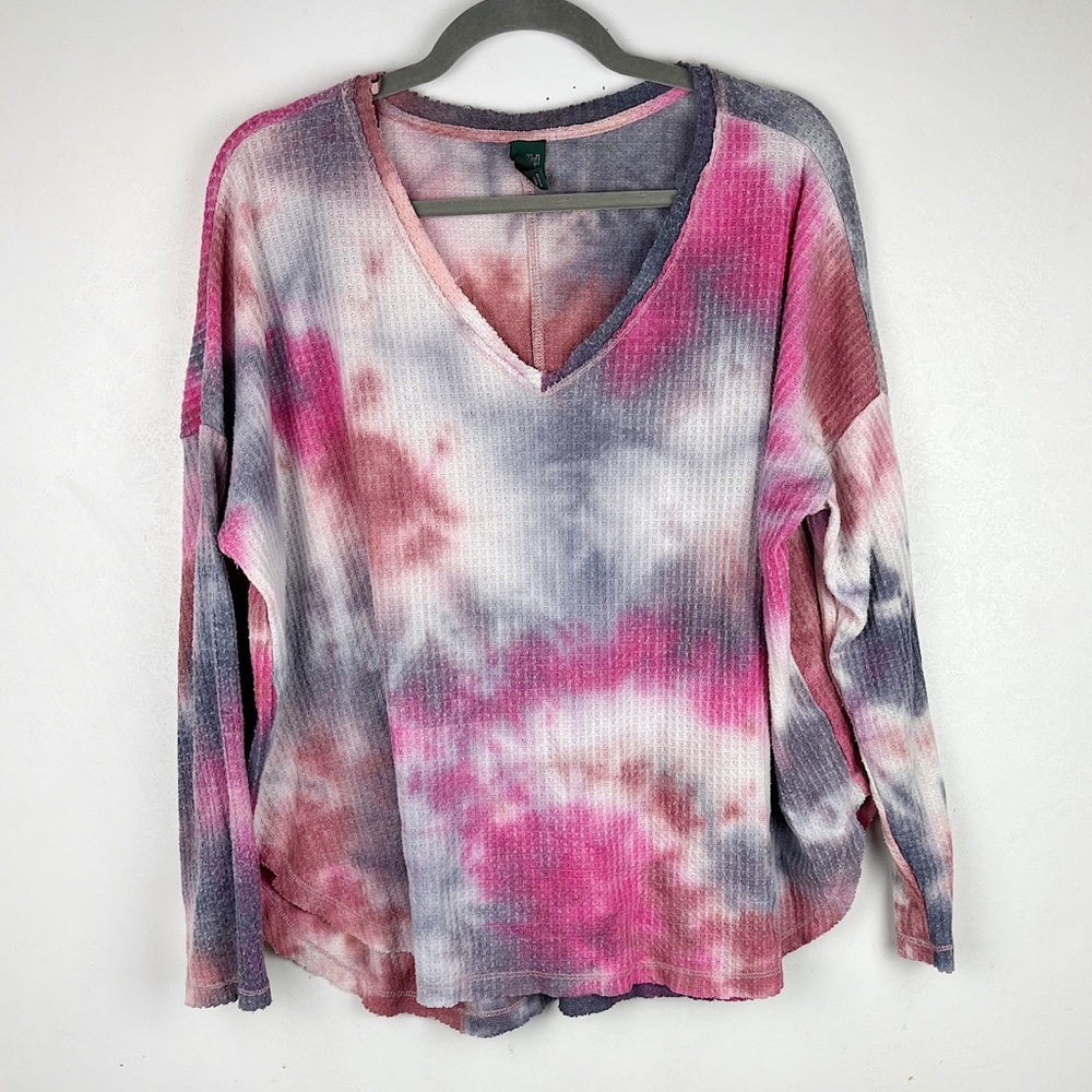Wild Fable Tie Dye Waffle Knit Thermal Top Long Sleeve Oversized V-neck Large